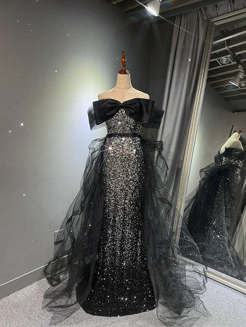 Sequins and Tulle Sweethart Off Shoulder Party Dress, Sequins Long Party Dress Prom Dress